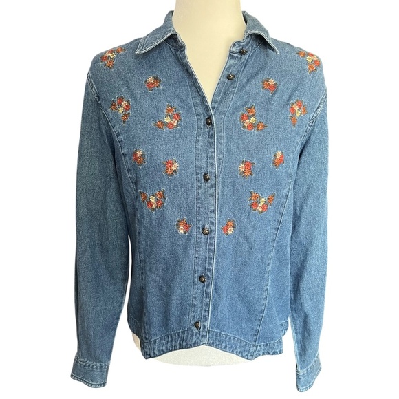 Vintage 90's Denim Top with Floral Needlepoint Embroidery <3 - Picture 1 of 4